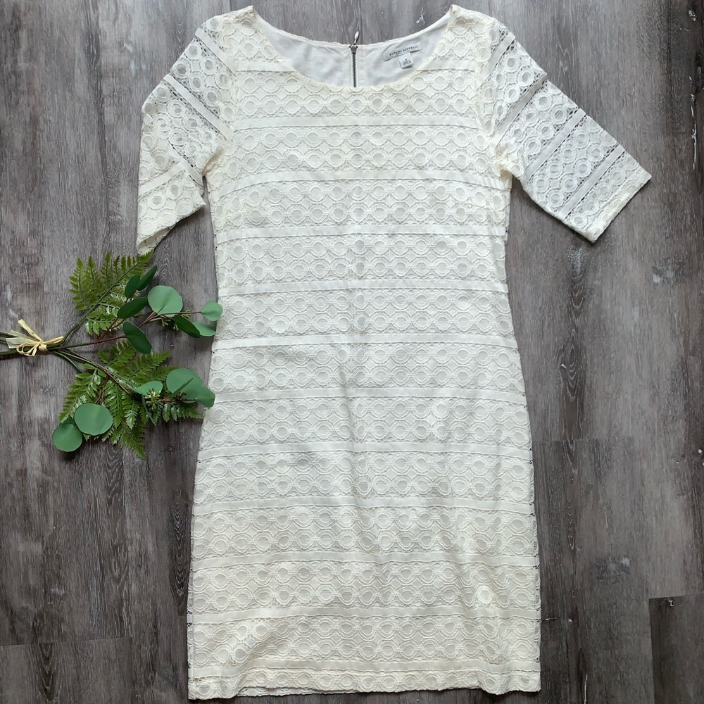Banana Republic Off-White Lace Mid-Sleeve Dress